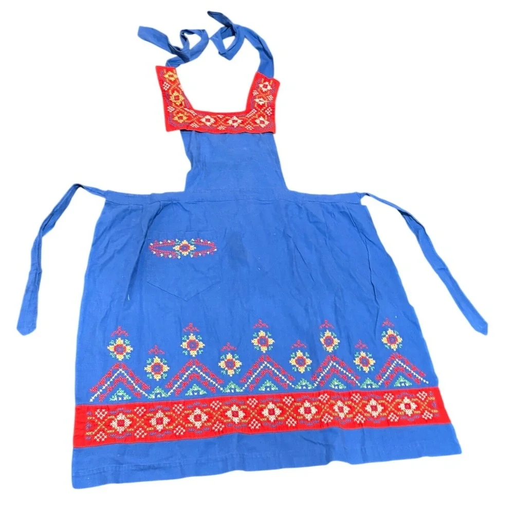 Vintage Blue Embroidered Apron Folk Art Cross Stitch Cotton Pocket Cottagecore